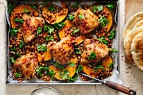 Julia Busuttil Nishimura’s one-pan chicken with pumpkin, coriander and chickpeas.