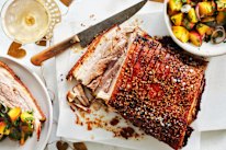 Julia Busuttil Nishimura’s roast pork belly with a peach, mint and coriander salsa.