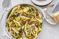 Pasta shells with zucchini and corn.