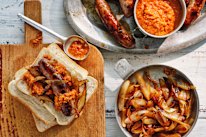 Sausages with barbecue cherry tomato chutney.