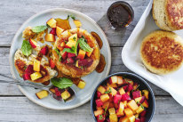 Johnny cakes with peach salsa and golden syrup.