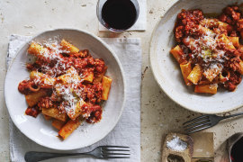 Combine all the ragu ingredients in a pot and simmer for an hour.