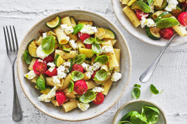 Rigatoni with zucchini and cherry tomatoes.