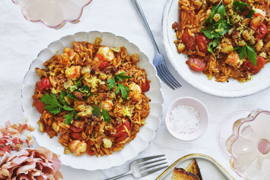 Danielle Alvarez’s prawn and tomato orzotto with pangrattato.