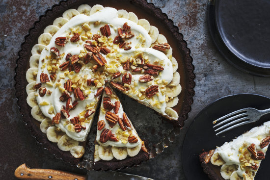 Helen Goh’s banana, rye and cocoa tart with miso caramel.