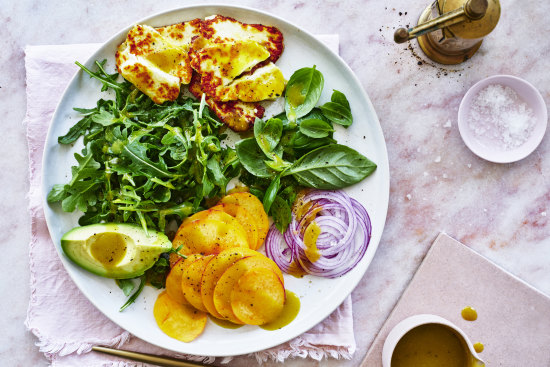 Adam Liaw’s peach and halloumi salad.