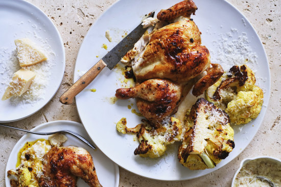 Adam Liaw’s roast chicken with parmesan and sourdough sauce.