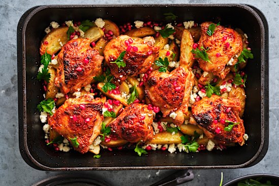 Finish with a sprinkle of feta and pomegranate.