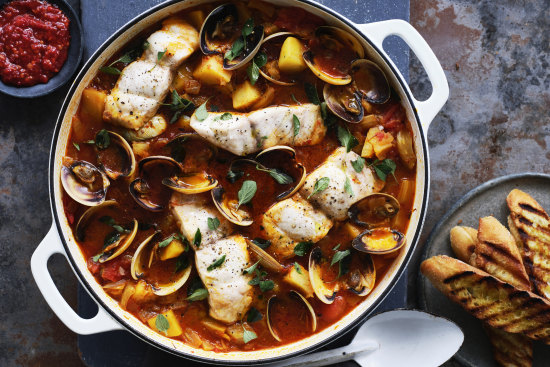 Spicy seafood and potato stew with fennel, tomatoes and saffron.