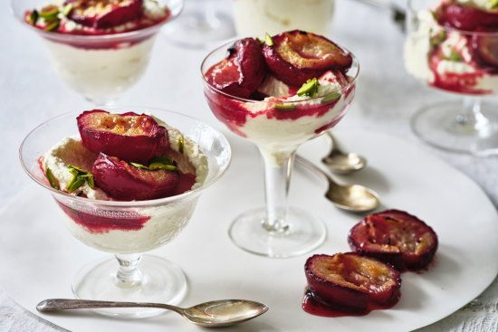 Sweet whipped ricotta with roasted vanilla plums.