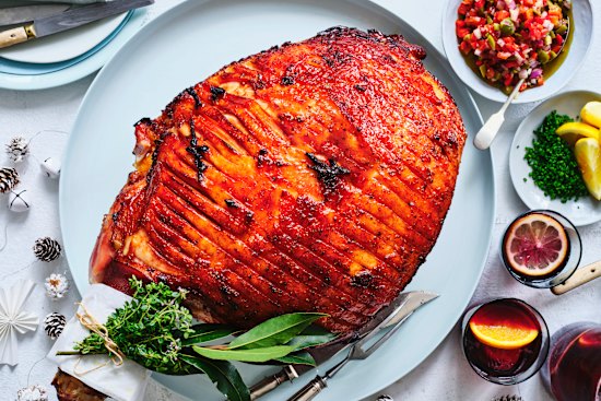 Smoky honey-glazed ham with piquillo pepper salsa.