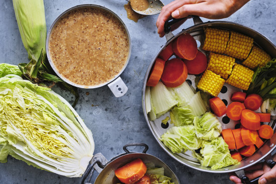 Steamed vegetables with sesame sauce.