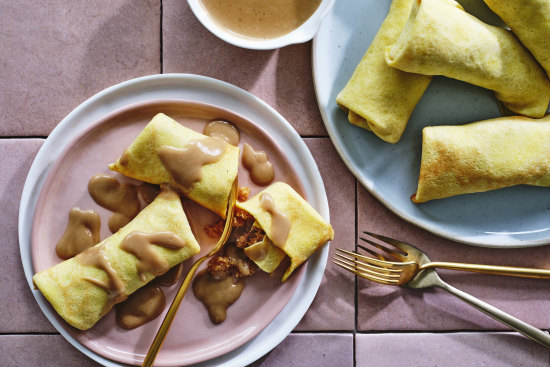 The sweetness and spice are beautifully balanced by the soft, thick crêpes.