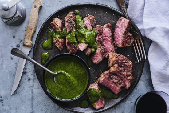 Barbecued lamb with mint dressing.