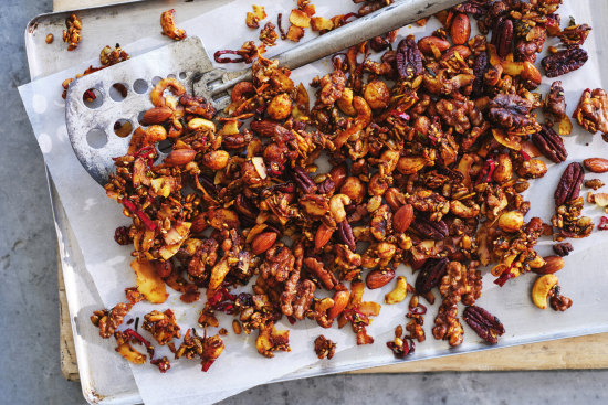 Helen Goh’s roasted spiced nuts with lime leaf and chilli.