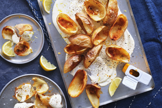Potato skins with chicken salt and sour cream.