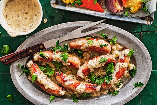 Sausages with French mustard sauce.