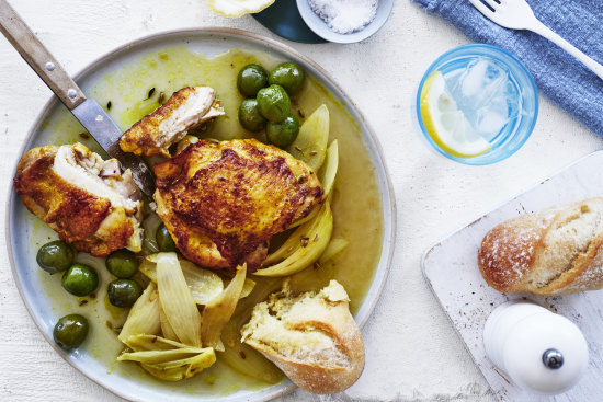 Baked chicken cutlets with olives and fennel seed.