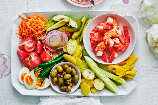 Prawn and avocado nicoise salad.