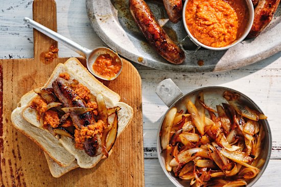 Sausages with barbecue cherry tomato chutney.
