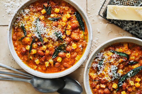 Danielle Alvarez’s bean and pasta stew with pancetta and rosemary.