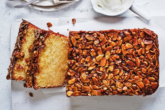 Adam Liaw’s Swedish almond loaf is finished with a moreish butterscotch almond topping.