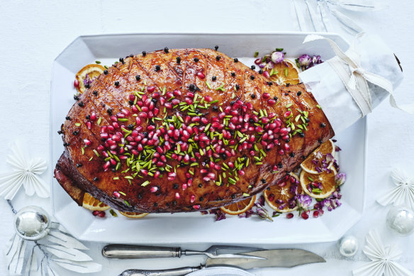 Pomegranate and pistachio glazed ham.