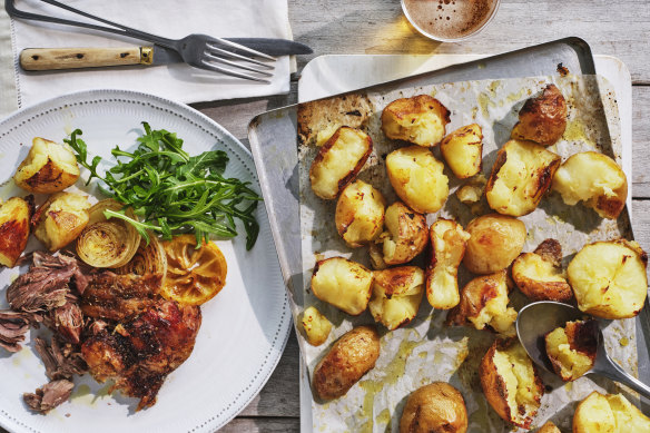 The ‘broken potatoes’ cook in roughly the same time as the lamb, with a rest break in the middle. 