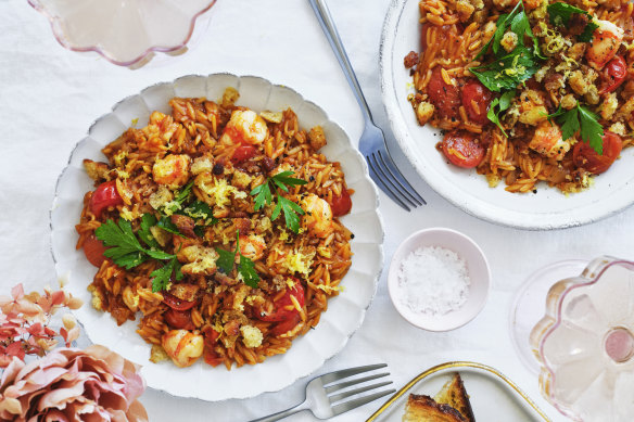 Danielle Alvarez’s prawn and tomato orzotto with pangrattato.