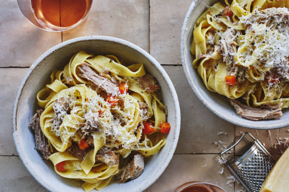 Pappardelle with white pork ragu, sage and lemon.