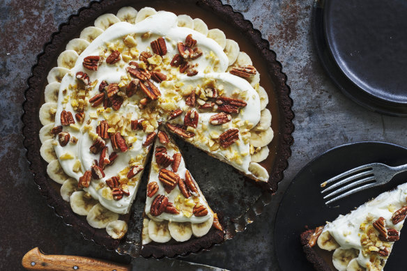 Helen Goh’s banana, rye and cocoa tart with miso caramel.