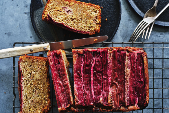The thin “sticks” of rhubarb on top become chewy in the oven.