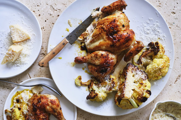 Adam Liaw’s roast chicken with parmesan and sourdough sauce.