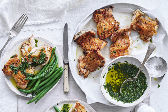 Grilled, marinated chicken wth salmoriglio. Styling by Hannah Meppem, food preparation by Breesa Swann.