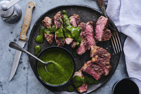 Barbecued lamb with mint dressing.
