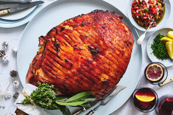 Smoky honey-glazed ham with piquillo pepper salsa.