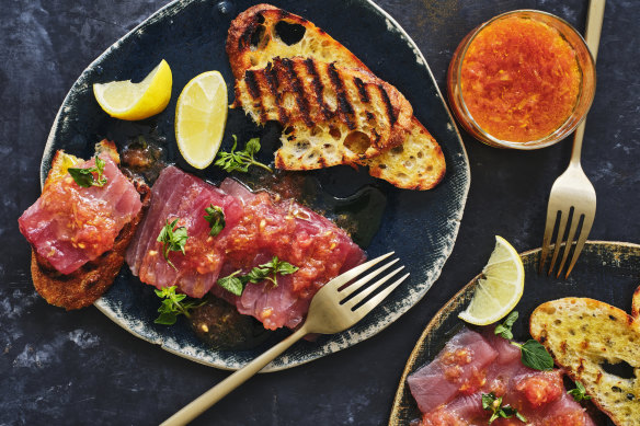 Julia Busuttil Nishimura’s tuna crudo with tomato vinaigrette and bruschetta.