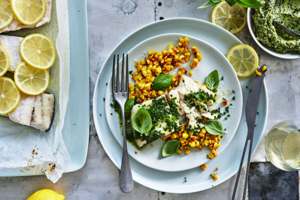 Baked Murray cod fillet with sweetcorn and basil butter. Styling by Hannah Meppem and food preparation by Breesa Swann.