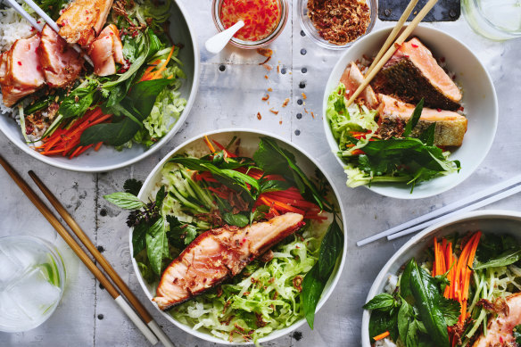 Salmon and salad rice bowl.