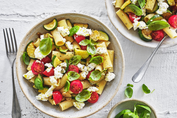 Rigatoni with zucchini and cherry tomatoes.