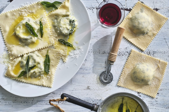 Tortelli maremmani, ravioli filled with ricotta and silverbeet rather than spinach.