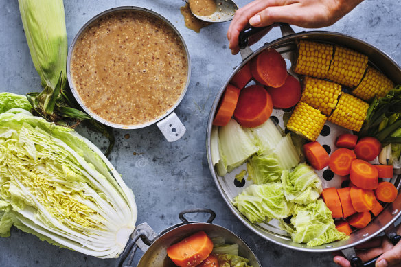 Steamed vegetables with sesame sauce.