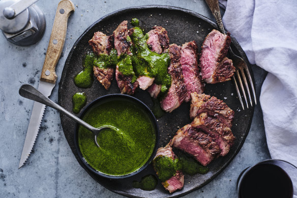 Barbecued lamb with mint dressing.