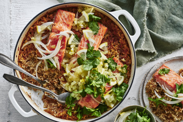Karen Martini’s baked ocean trout with spiced rice pilaf