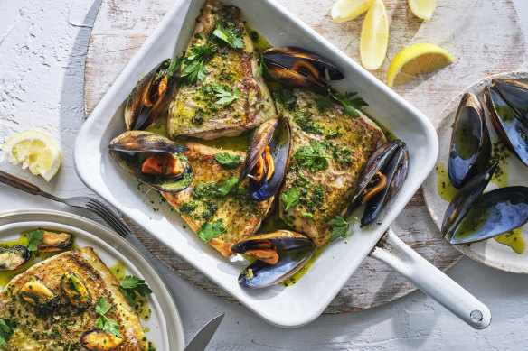Snapper and mussels with herb butter.