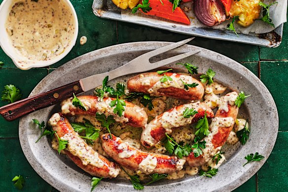 Sausages with French mustard sauce.