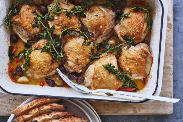 Julia Busuttil Nishimura’s baked chicken with capsicum, olives and garlic.