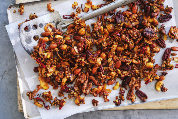 Helen Goh’s roasted spiced nuts with lime leaf and chilli.