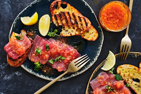 Julia Busuttil Nishimura’s tuna crudo with tomato vinaigrette and bruschetta.