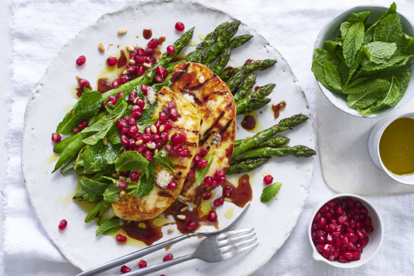 Karen Martini’s grilled asparagus, halloumi, pine nut and pomegranate salad